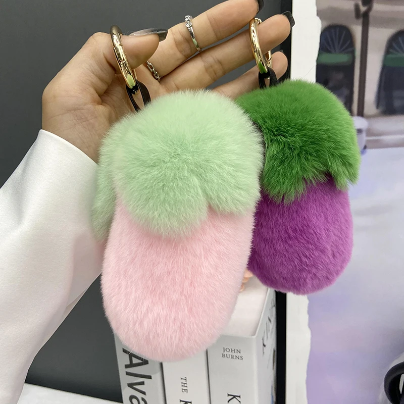 

Cute Real Rex Rabbit Fur Keychain Pendant HandBag Charm Ornaments Women Plush Toys Eggplant Car Keyring Fluffy Trinkets