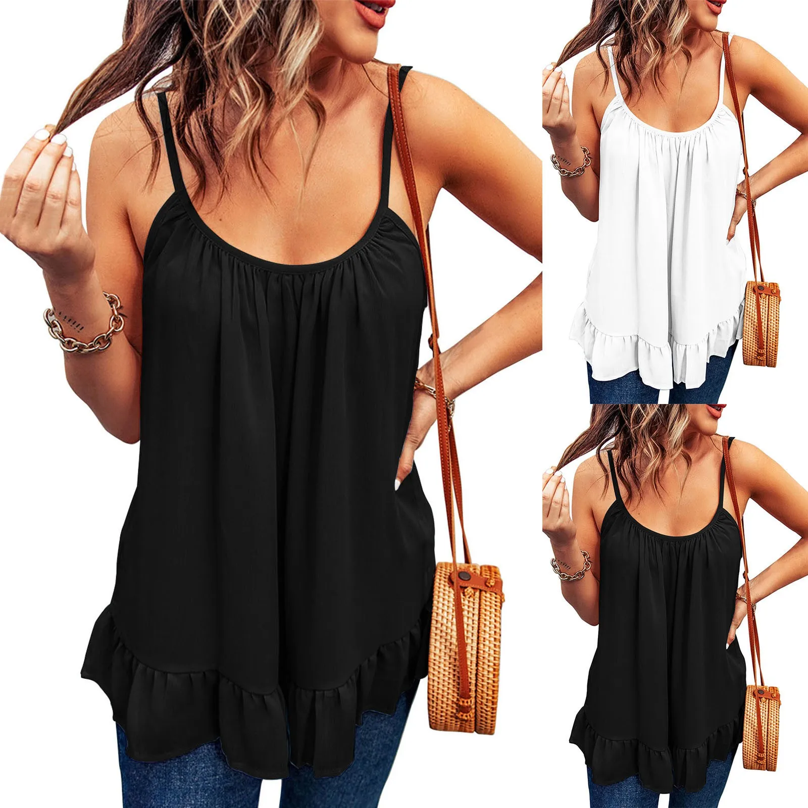 

Женская Повседневная Свободная футболка без рукавов, белая рубашка на бретелях-спагетти, плиссированная туника, топы, Женский пуловер, топы, летняя одежда 2023