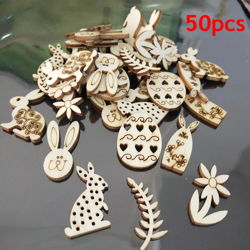 

2022 50/100pcs Happy Easter Rabbit Eggs Wood Craft Easter Decor Home Party DIY Wood Chips Hanging Ornaments Natural Handcraft