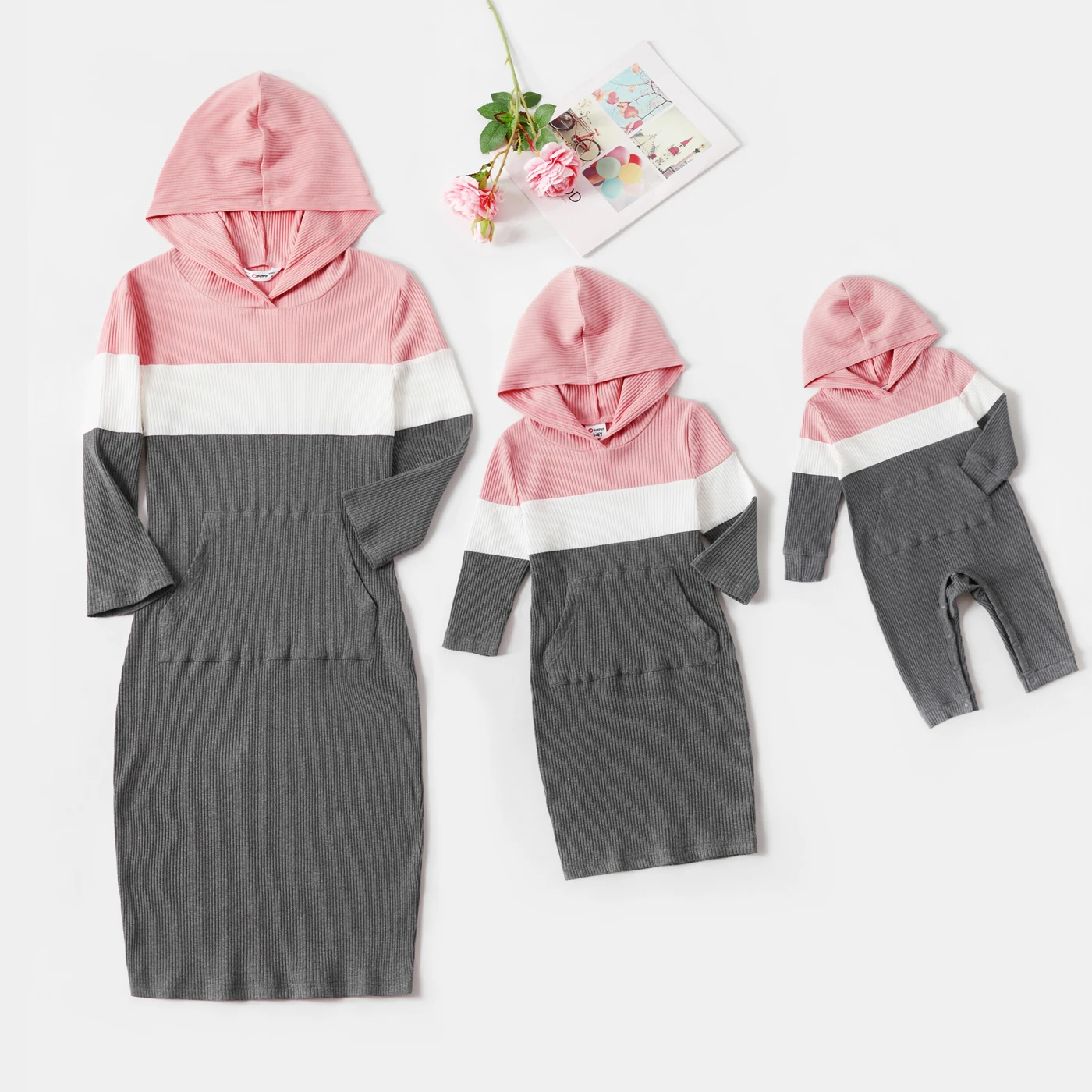 

PatPat Mommy and Me Colorblock Knitted 3/4 Sleeve Hooded Bodycon Dress