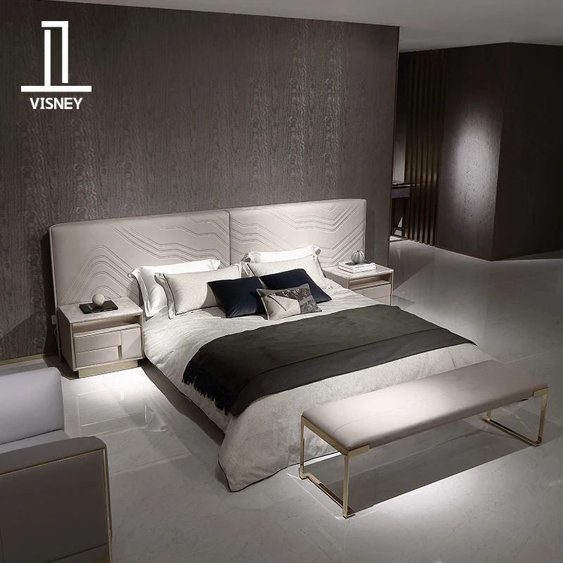 

Italian style light luxury solid wood double bed bedroom 1.8m leather art bed with large backrest high-end furniture S6 new prod