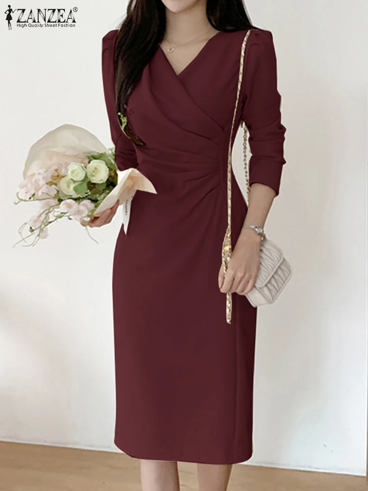 

Модель 2023 года, стильное платье ZANZEA с длинным рукавом, весеннее боди с V-образным вырезом, элегантное пикантное платье, женское однотонное плиссированное платье миди