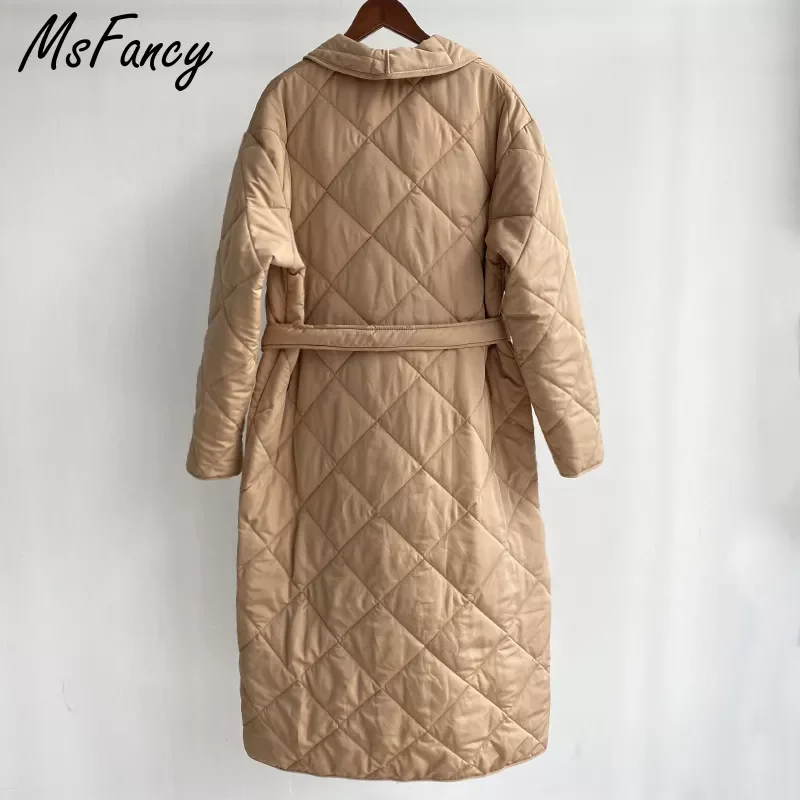 New2022 Long Parkas Women Stand Collar Quilted Coats Femme Winter Double Breasted Tunic Bandage Jacket Outwear