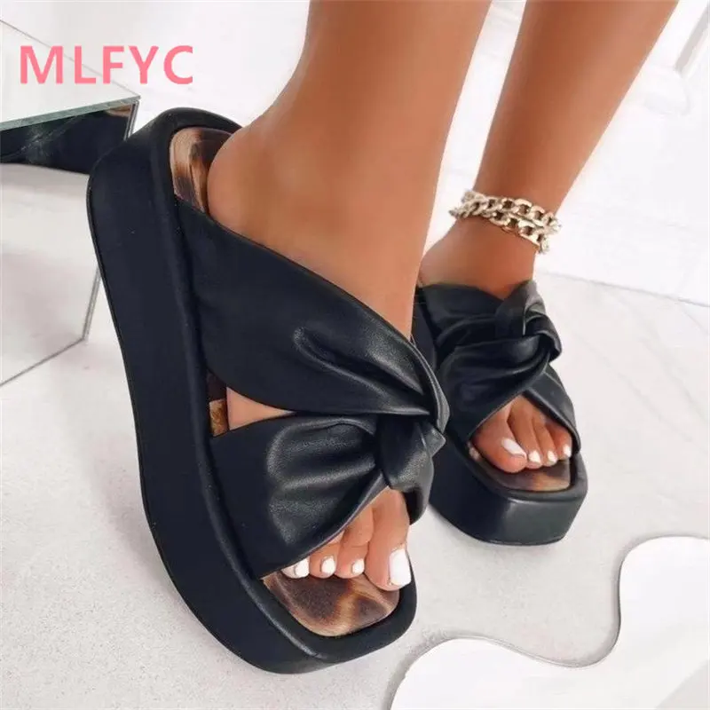 

2023 summer bowknot thick-soled sandals open-toed muffin heel slippers female slackers wear beach slippers for leisure