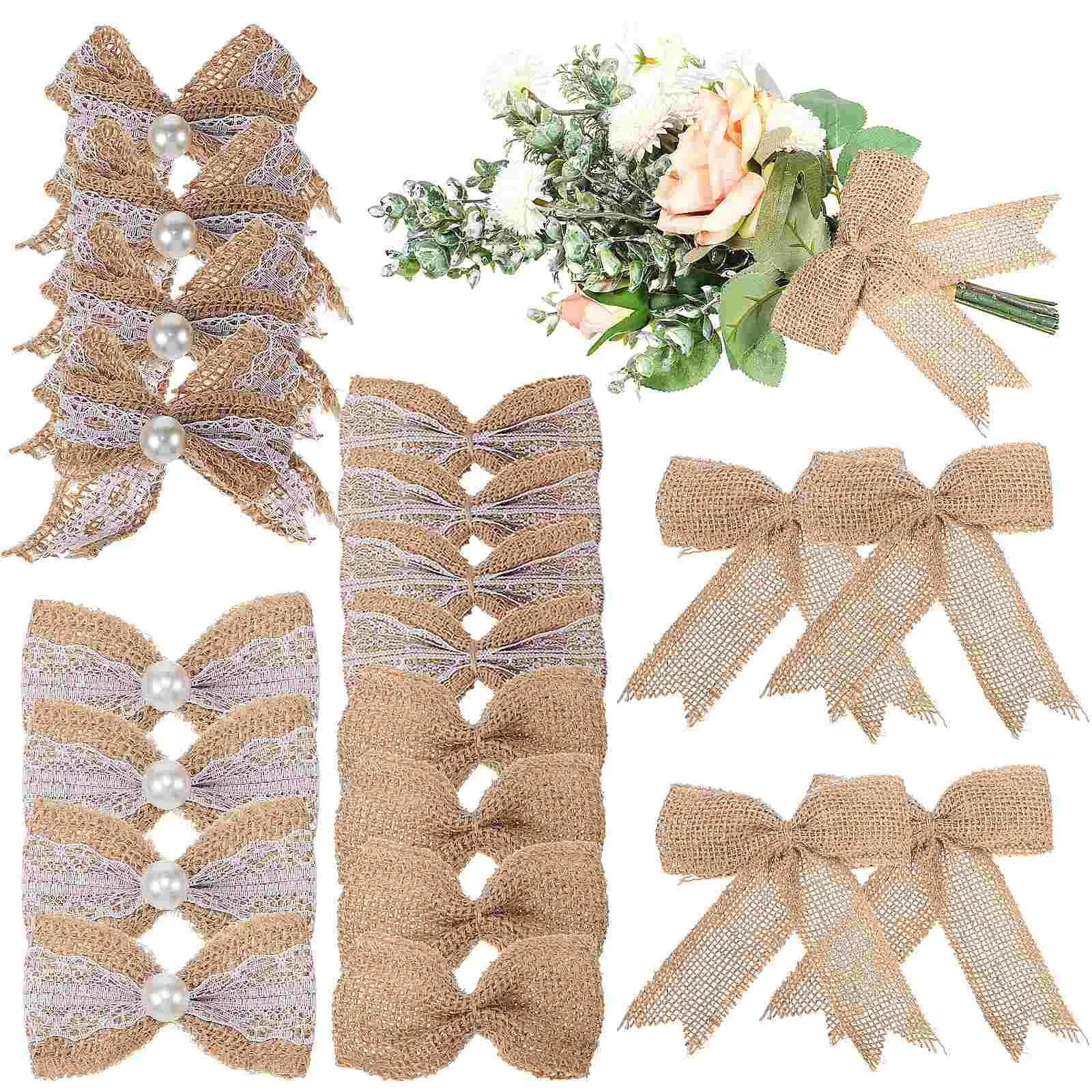 

20 Pcs Beads Mini Burlap Bows For Crafts Wrapping Twine Linen Christmas Tree Decors