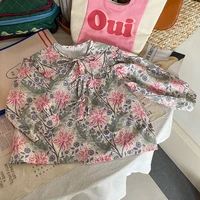 2022 autumn new girl infant flower loose long sleeve shirt toddler cotton print fashion bow tops children casual blouse clothing
