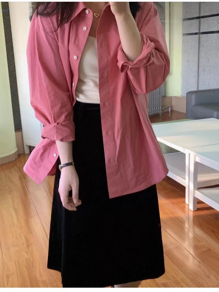 

Women Shirt 2022 Fall New Peach Pink Loose Shirt Long Sleeve Top