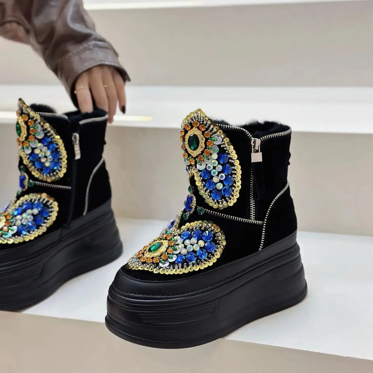 Зимние женские теплые зимние ботинки на меху туфли высоком каблуке и платформе с