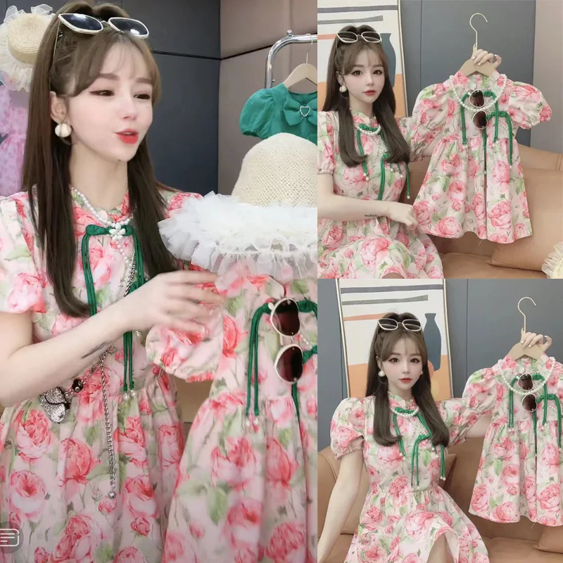 

National Tide Style Broken Flower Fried Street Mother and Daughter Parent-child Dress 2022 Summer New Western Style Skirt Print