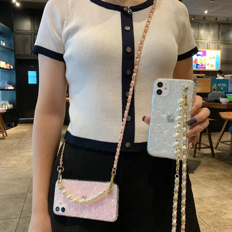 

Conch Pattern With Crossbody Lanyard Pearl Chain Phone Case For iPhone 14 13 12 11 Pro Max XS X XR 7 8 Plus SE2020 Cover