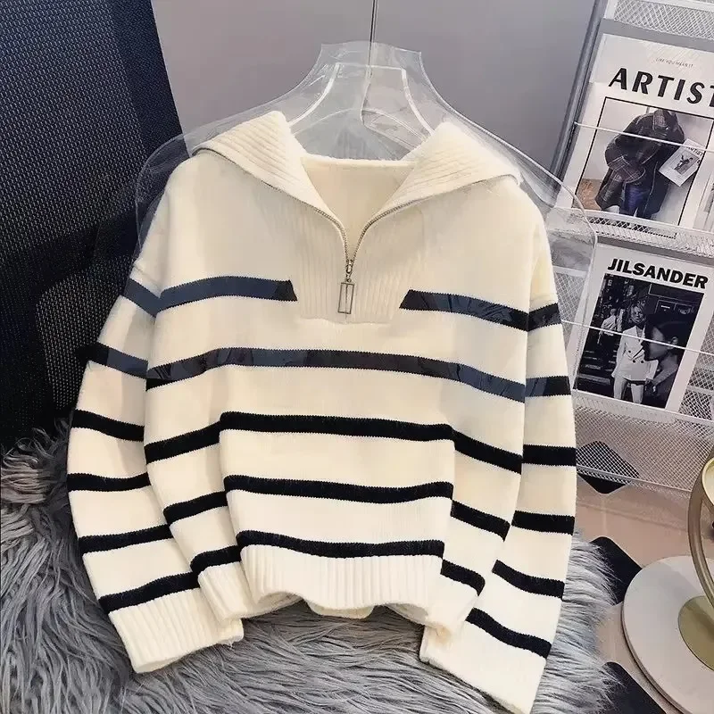 Женский полосатый свитер на молнии толстый осенний свободный вязаный джемпер с