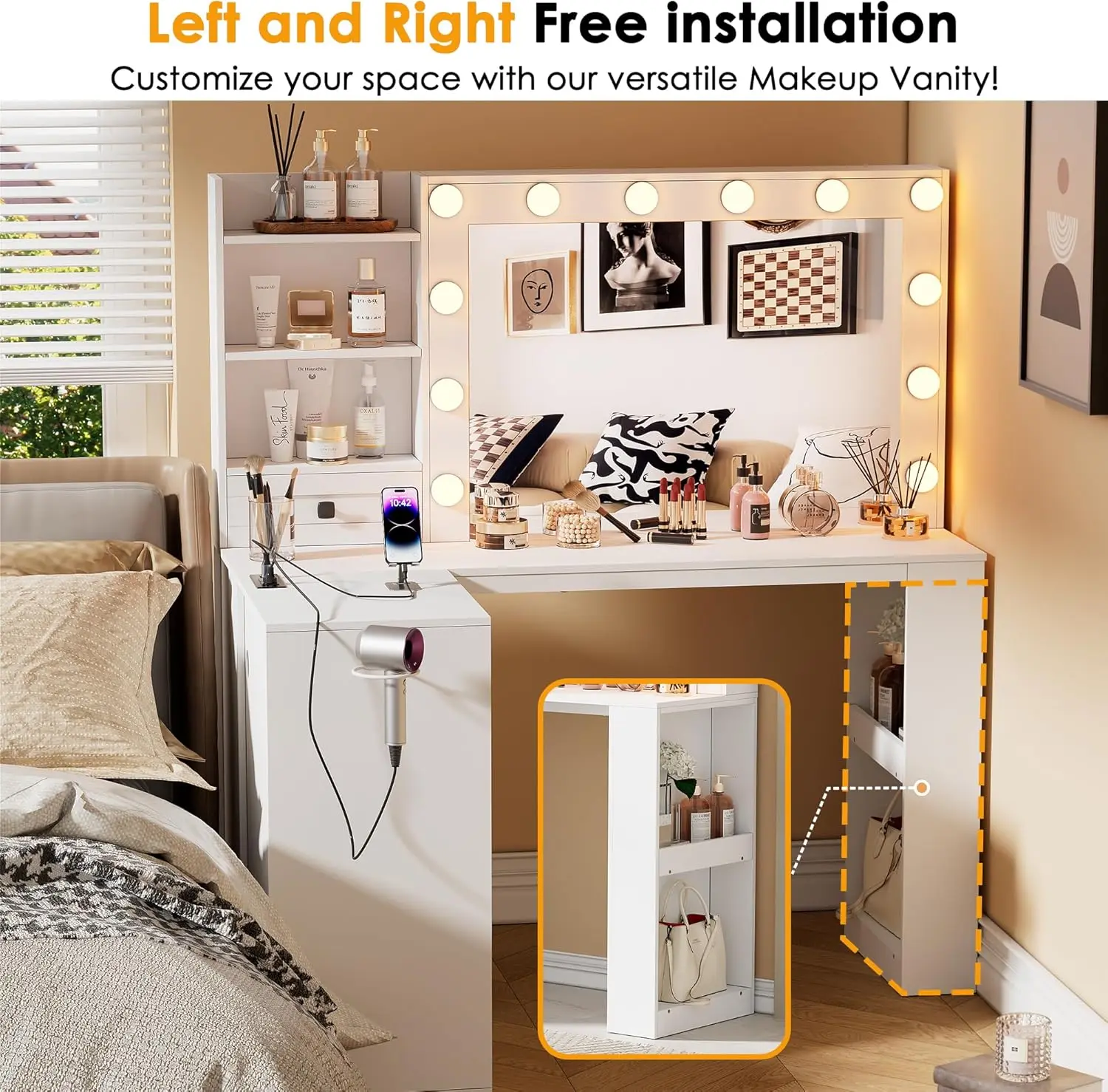 Туалетный столик с зеркалом и подсветкой угловой для макияжа 3-цветной белый