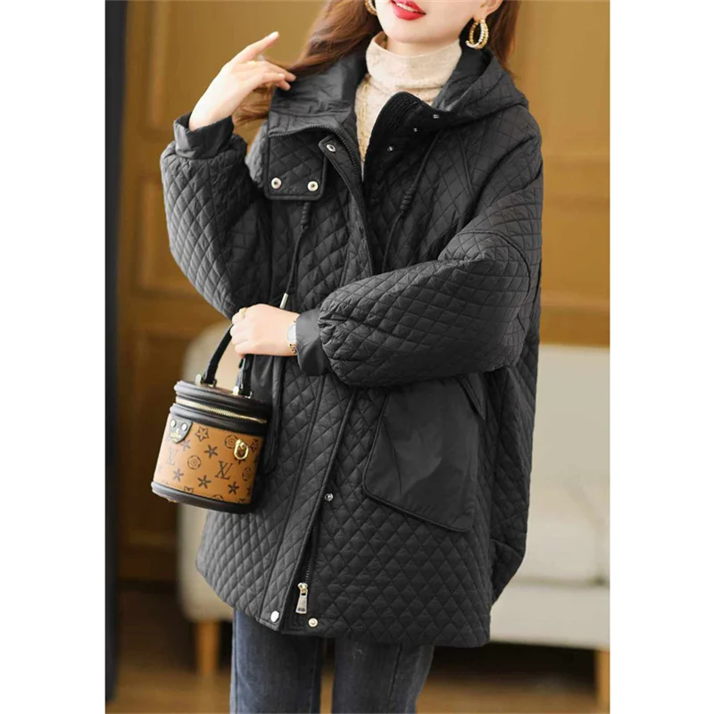 2023 New Oversized Hooded Plaid Cotton Jacket Women's Clothing Autumn Winter Coat Female Large Size Parka Black Overcoats AC765