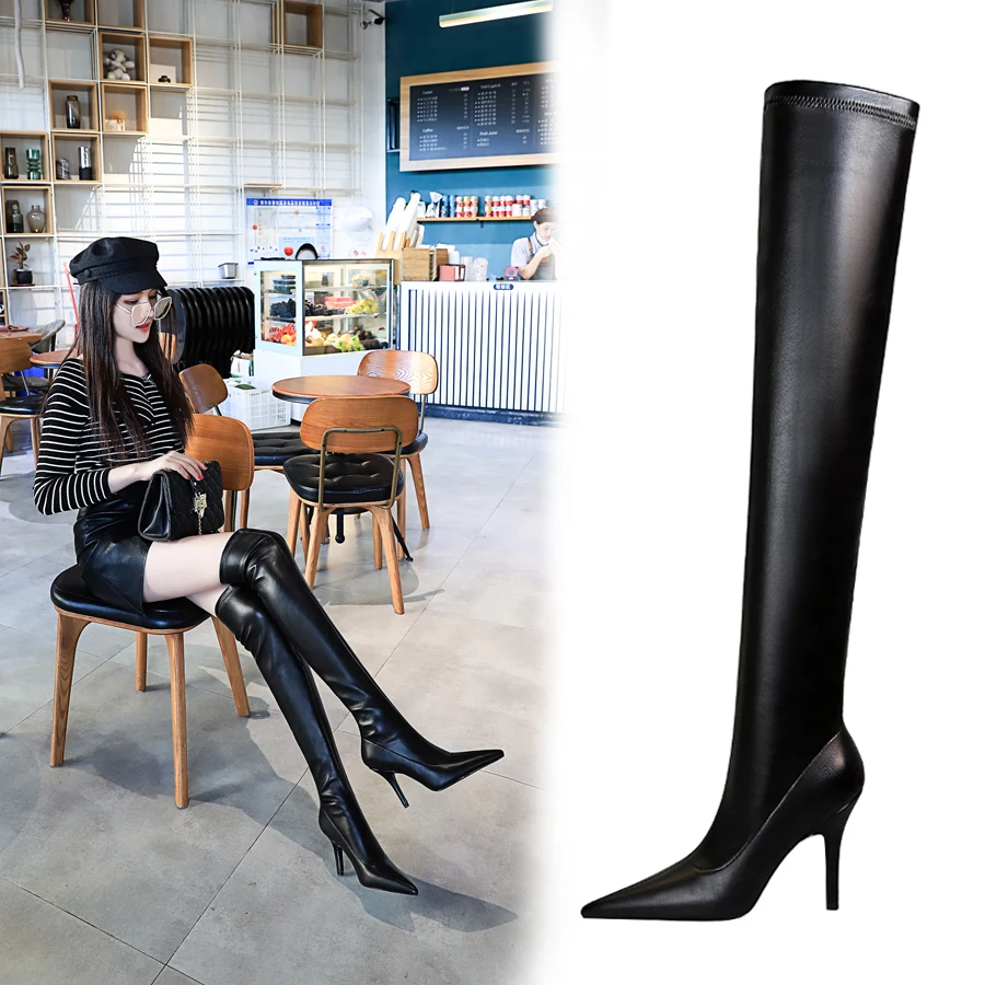 

Sexy Party Boots Fashion Suede Leather Shoes Women Over the Knee Heels Boots Stretch Flock Winter High Boots botas Feminino