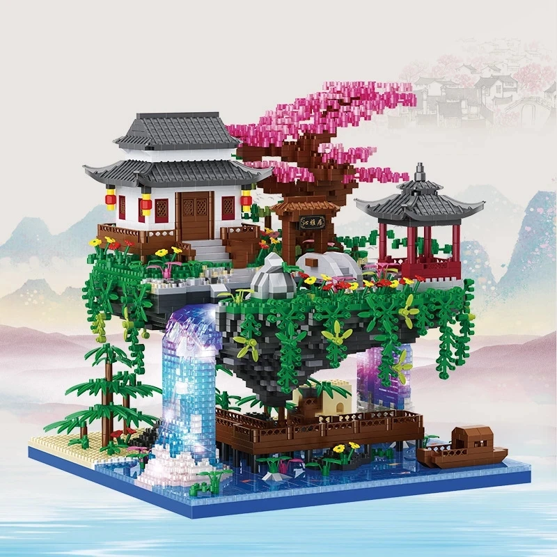 

MOC Chinese Architecture Micro Building Blocks Peach Tree House Waterfall River Model Fairy Tale Castle Toys For Children Gifts