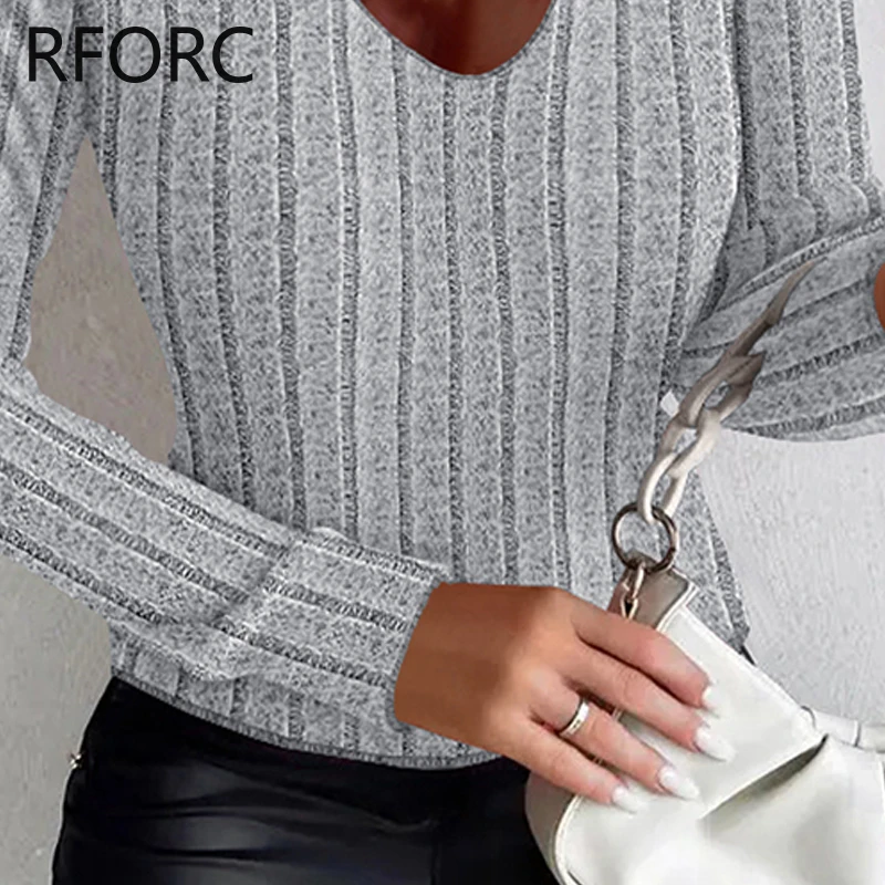 Женская трикотажная Базовая Блузка с длинными рукавами и V-образным вырезом |