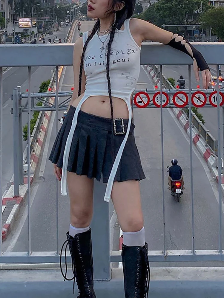 Женские топы на шнуровке Goth Dark Cyber Y2k белые бретельках с принтом в готическом