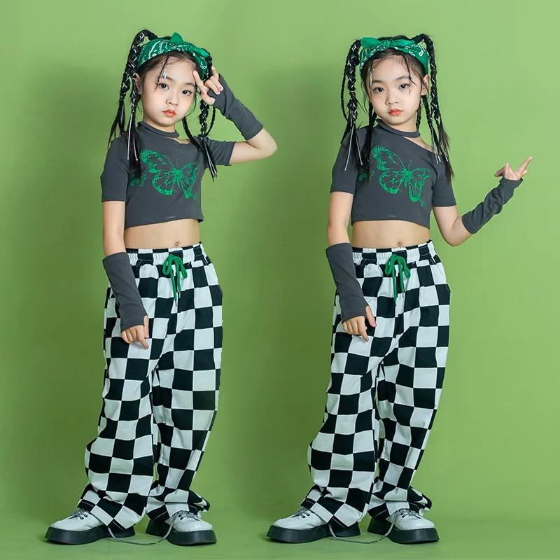 

Kid Hip Hop Clothing One Shoulder Crop Top Halter T Shirt Checkered Streetwear Casual Pants for Girl Boy Dance Costume Clothes