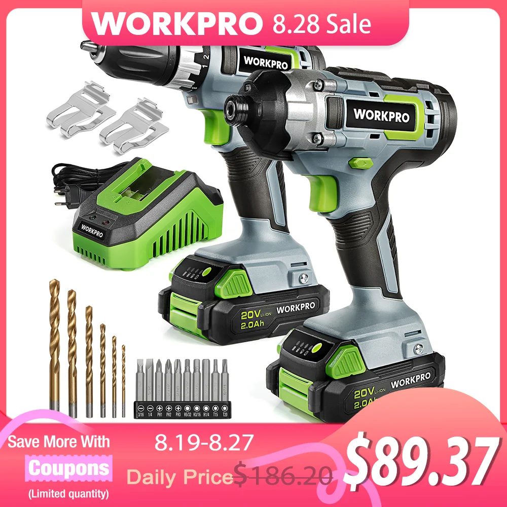 WORKPRO 21PC 20V Li-ion Cordless Compact Drill Driver Set and Impact Driver Set Including 2 Fast Charging Batteries Power Tool