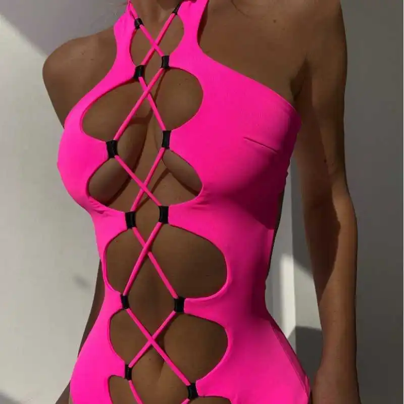 

Hollow Out Swimwear Women high neck solid black high cut backless bandage bathing suit Holiday one piece swimsuit