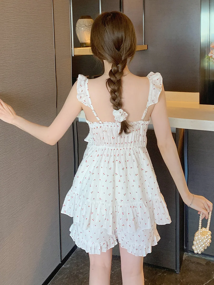 Japanese retro floral cotton pajamas women's summer sexy sling homewear set with chest pad