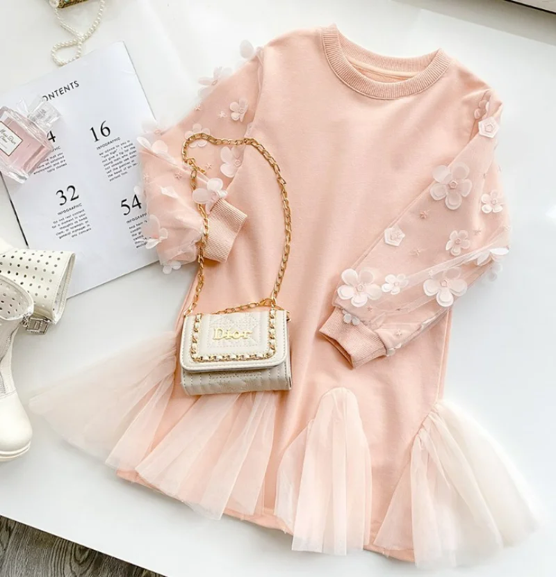 Купи New Girls Fashion Dress Kids Cotton Dresses for Girls Winter Outfits Casual Dress Pink Color Toddler Girl Dress with Lace Flower за 870 рублей в магазине AliExpress