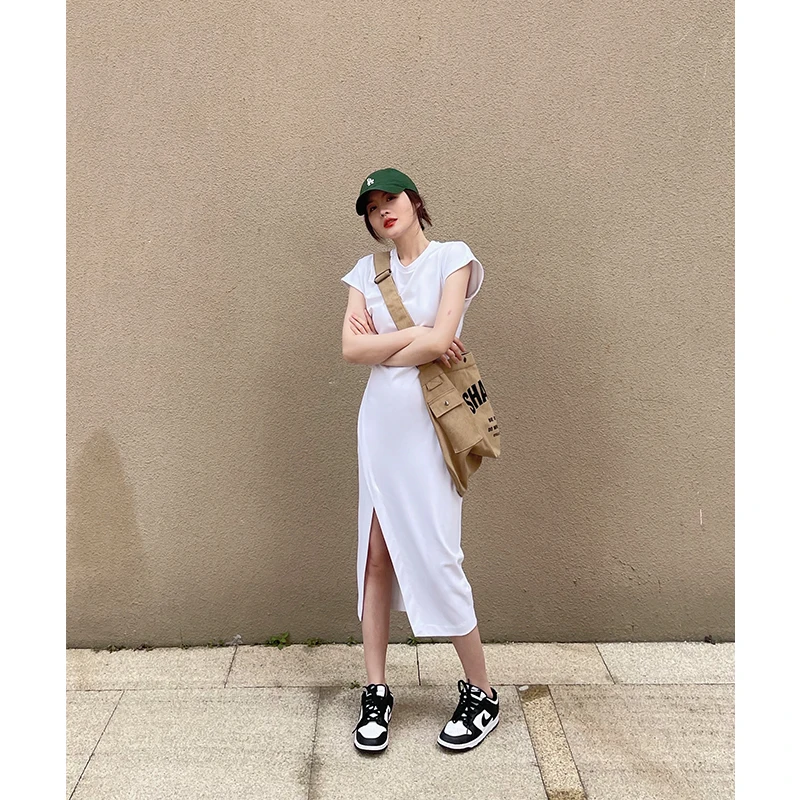 Nora white split dress women's T-shirt skirt 2022 summer slim skirt waist high-grade skirt