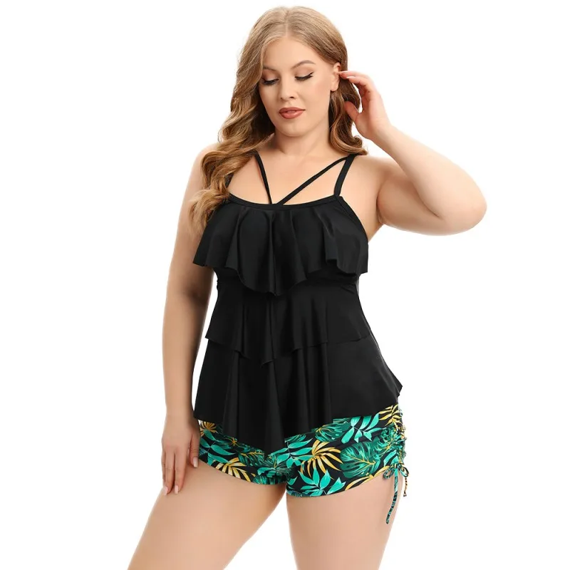 2023 New Large Size Ruffle Swimwear Women Bikini Swimsuit Women Sport Beachwear Sets With Tankini Short Printed Sleeveless Top