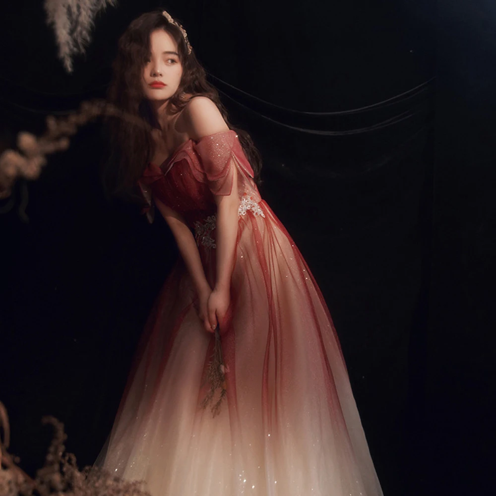 Burgundy 2022 new banquet temperament evening dresses thin shoulder evening dresses graduation dresses women young fashion