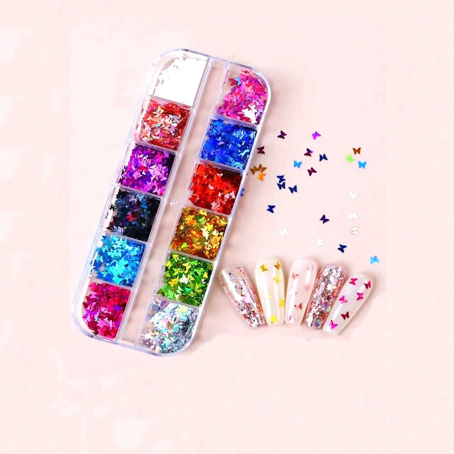 

12 Grids Sparkly Butterfly Nail Sequins Paillette Mixed Colors Nail Holographic Glitter 3D Flakes Slices Nails Art Accessories