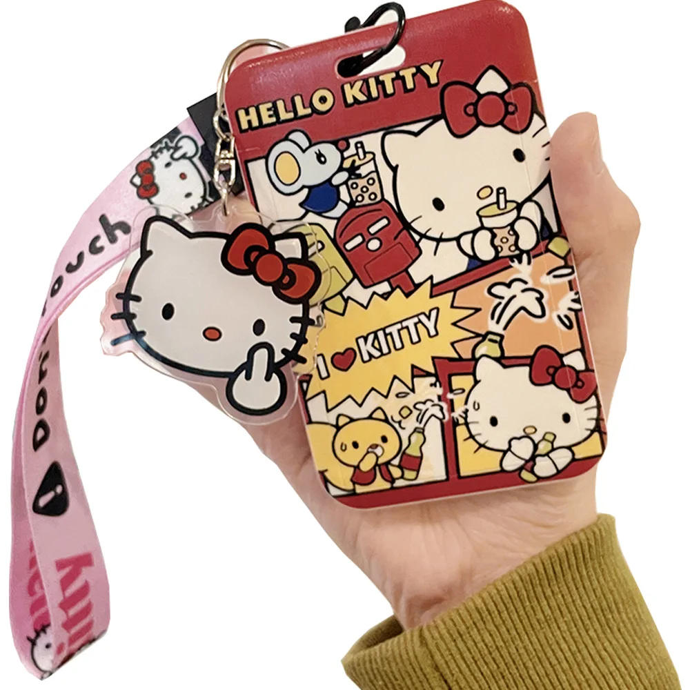 

Kawaii Sanrio Kitty Id держатель мультфильм узор Id защитный рукав несколько съемный шнурок банковские карты рукав мультфильм кулон