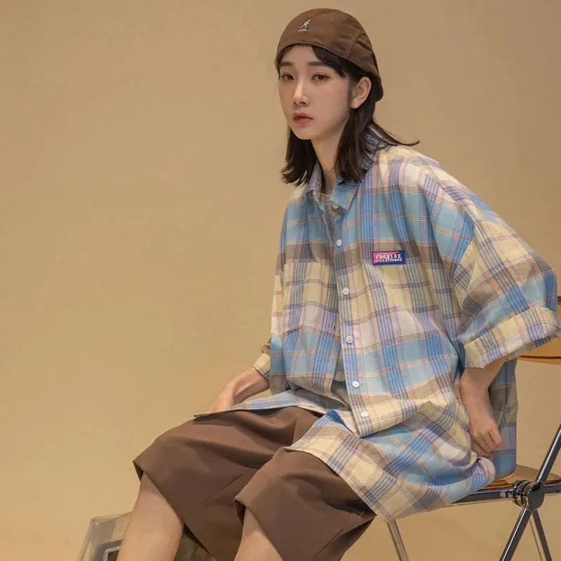 

Zoki Vintage Plaid Shirts Women Short Sleeve Oversize Harajuku Loose Fashion Tops Bf Summer Thin Japanese Casual Shirts New