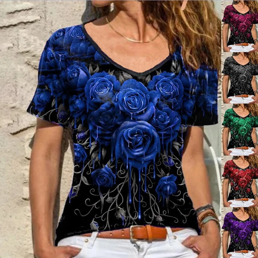 

Women's T-Shirt Fashion Floral 3D Printing Plus Size Women's Top 2022 Summer New Casual V-Neck Basic Shirt Green Blue Grey