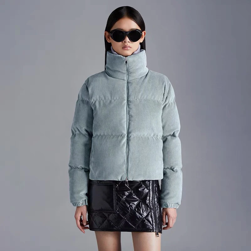 

Women's Corduroy Short Stand Up Collar Down Jacket,High quality classic epaulettes blue 90 white duck down short bakery jacket