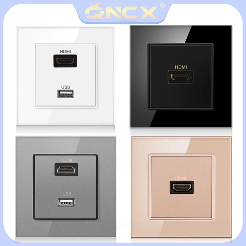 

QNCX Европейская стандартная настенная розетка из закаленного стекла для телевизора HDMI с разъемом 2,0 USB 2,0 разъем 86*86 мм штепсельная Вилка для ...