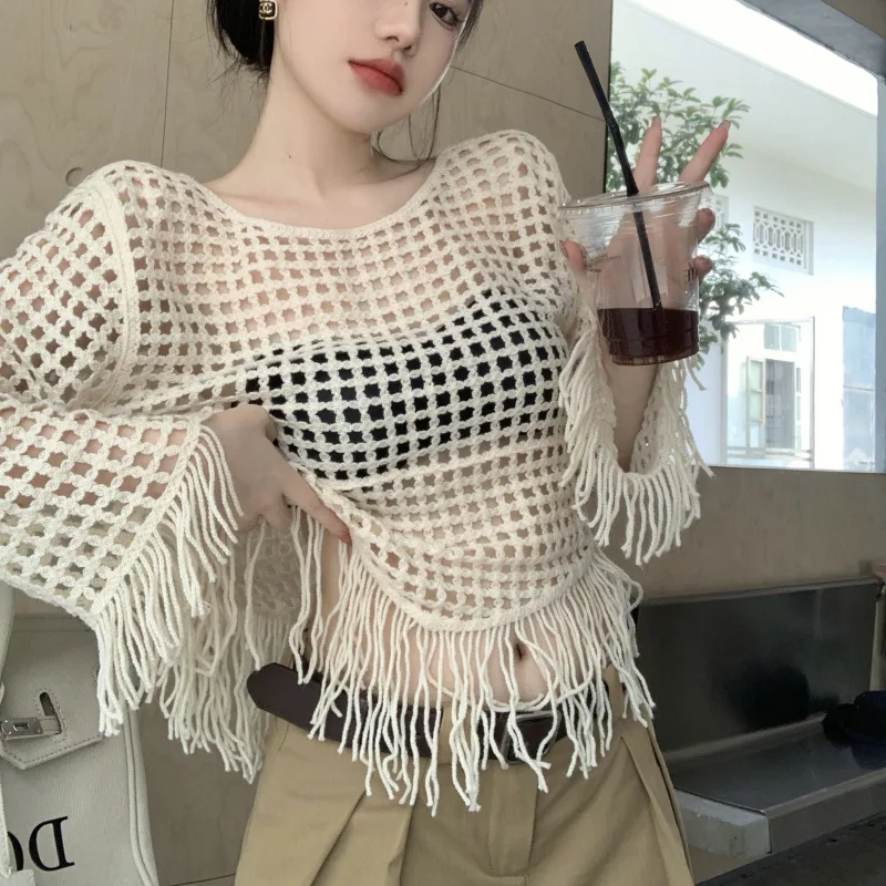 Tassel Hollow-out Mesh Shirt Women's Spring and Summer Hot Girl Sexy Short Knitted Top Wholesale