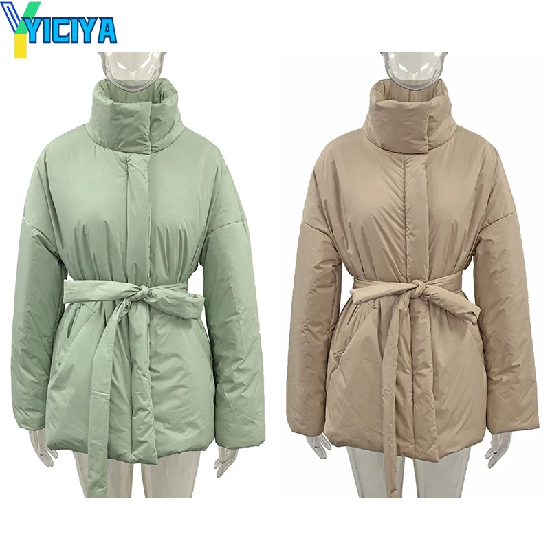 YICIYA Parkas For Woman 2023 Casual Collected Waisted Fashion Coat Women Elegant Spring Stand Collar Cotton Jacket Female Ladies