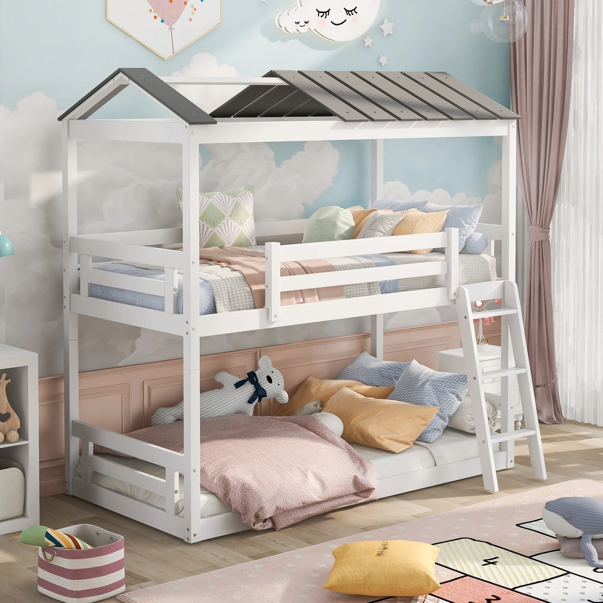 

Home Modern Wooden Furniture Bedroom Furniture Beds Frame Bases Twin Over Twin House Roof Bunk Bed With Convertible Ladder White