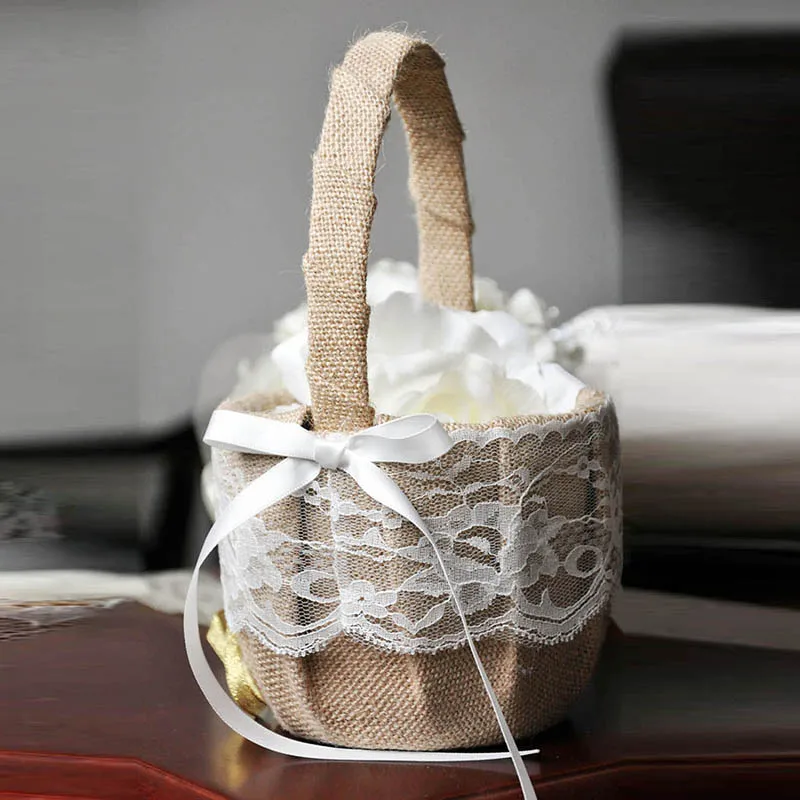 

Wedding Ceremony Flower Basket Lace Burlap Bowknot Vintage Basket Storage for Girl Wedding Party Supplies