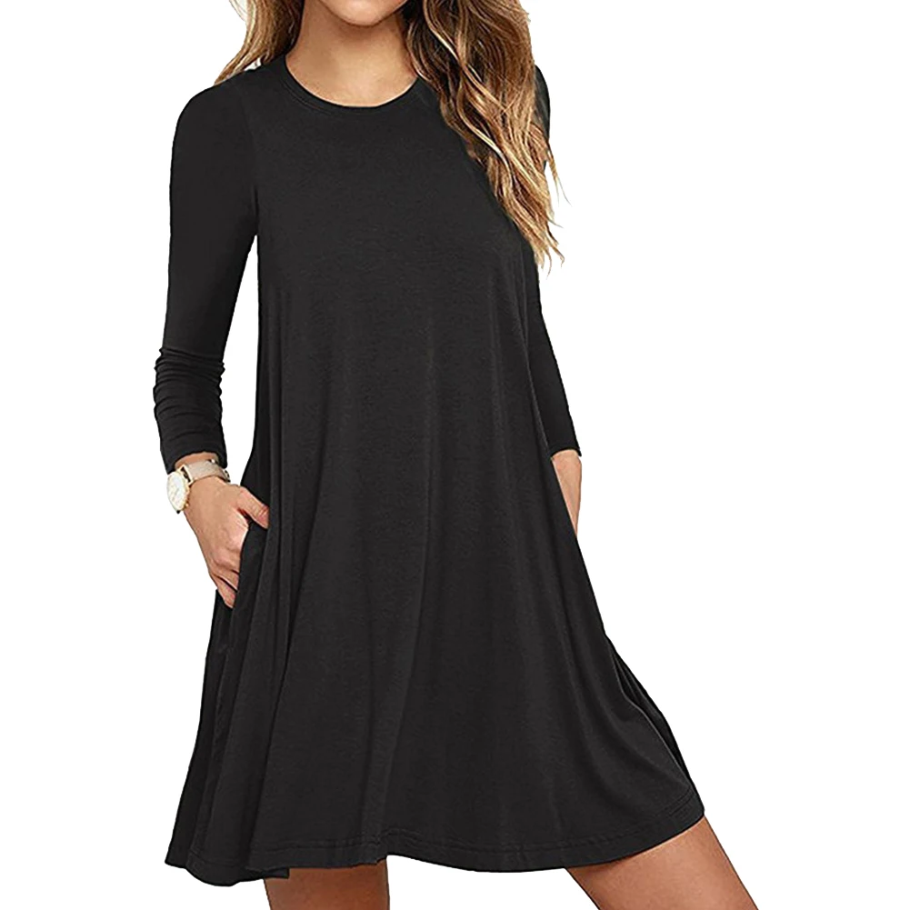 

Pullover Solid Beach Soft With Pockets Elegant Casual Loose Black Party Fashion Daily Summer Long Sleeve Women Dress Round Neck