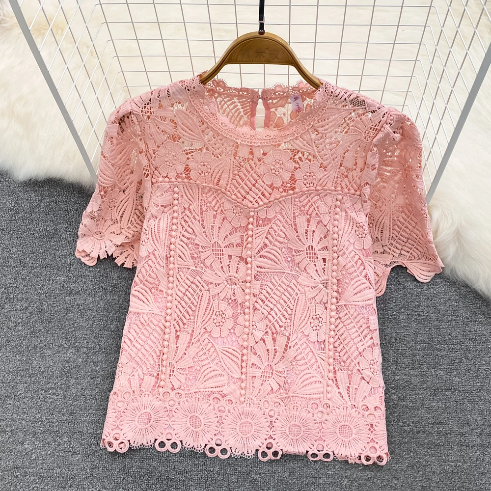 

Футболка женская с круглым вырезом, элегантная однотонная короткая Базовая рубашка с коротким рукавом, с кружевом и цветочным принтом, лето