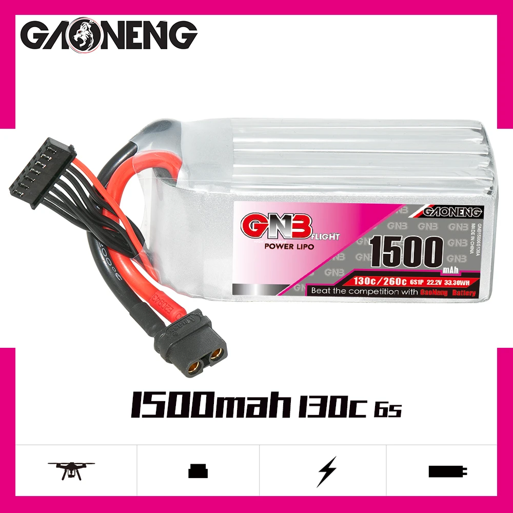 

Gaoneng 1500 мАч 6S1P 22,2 в 130C/260C Быстрая зарядка Lipo батарея с разъемом XT60 для FPV гоночного дрона квадрокоптера вертолета запчасти