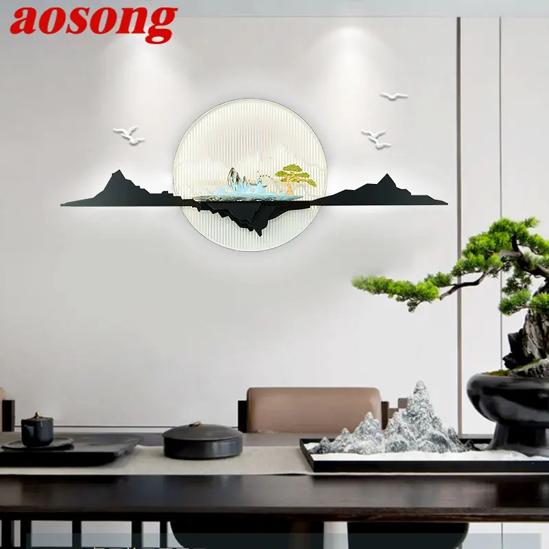 

AOSONG Chinese Bedside Wall Picture Lamp Creative Zen Background Modern LED 3 Colors Sconce for Home Living Room Bedroom