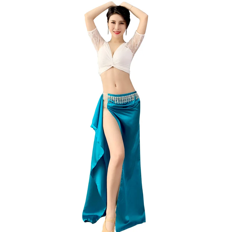 

2022 New Belly Dance Practice Clothes Short Lace Sleeves Top with Slit Skirt Belly Dance Performacne Costumes for Women E22265