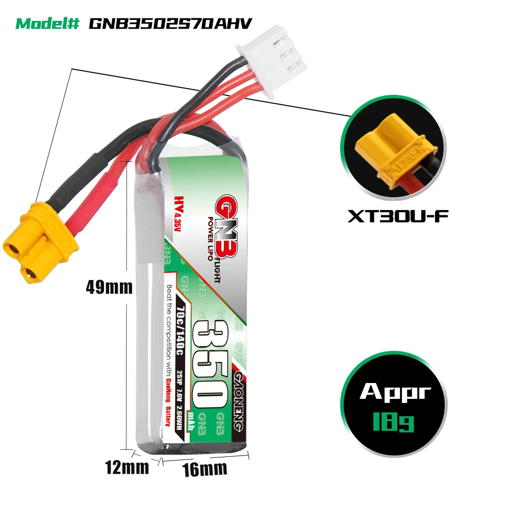 2PCS GAONENG GNB 350mah 2S 7.6V 70C/140C HV Lipo Battery With PH2.0/XT30 Plug For Emax Tinyhawk S Four Axis Indoor FPV Drones | Игрушки и
