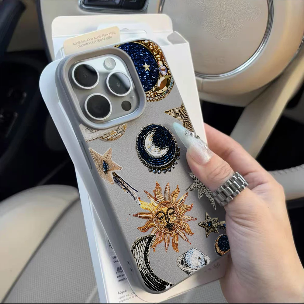 Фото Чехол Sun Moon Star с текстурой личи для iPhone 17 16 15 14 13 12 11 Pro Max, в стиле бохо, с астрологическим дизайном, противоударный, из мягкого ТПУ №5