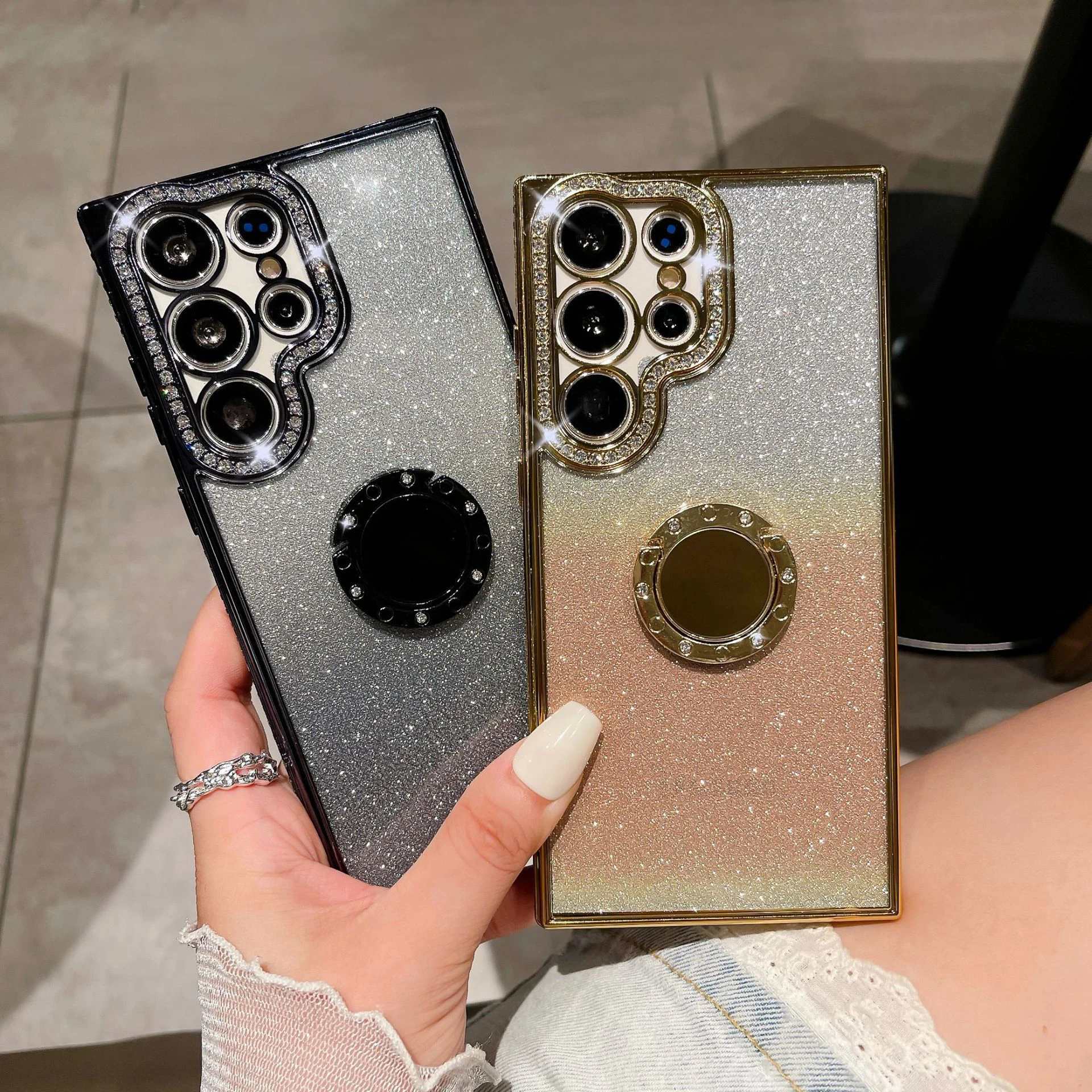 

Fashion Gradient Glitter Rhinestone Phone Case For Samsung Galaxy S22Plus S23Ultra Creative Swivel Ring Bracket Transparent Case