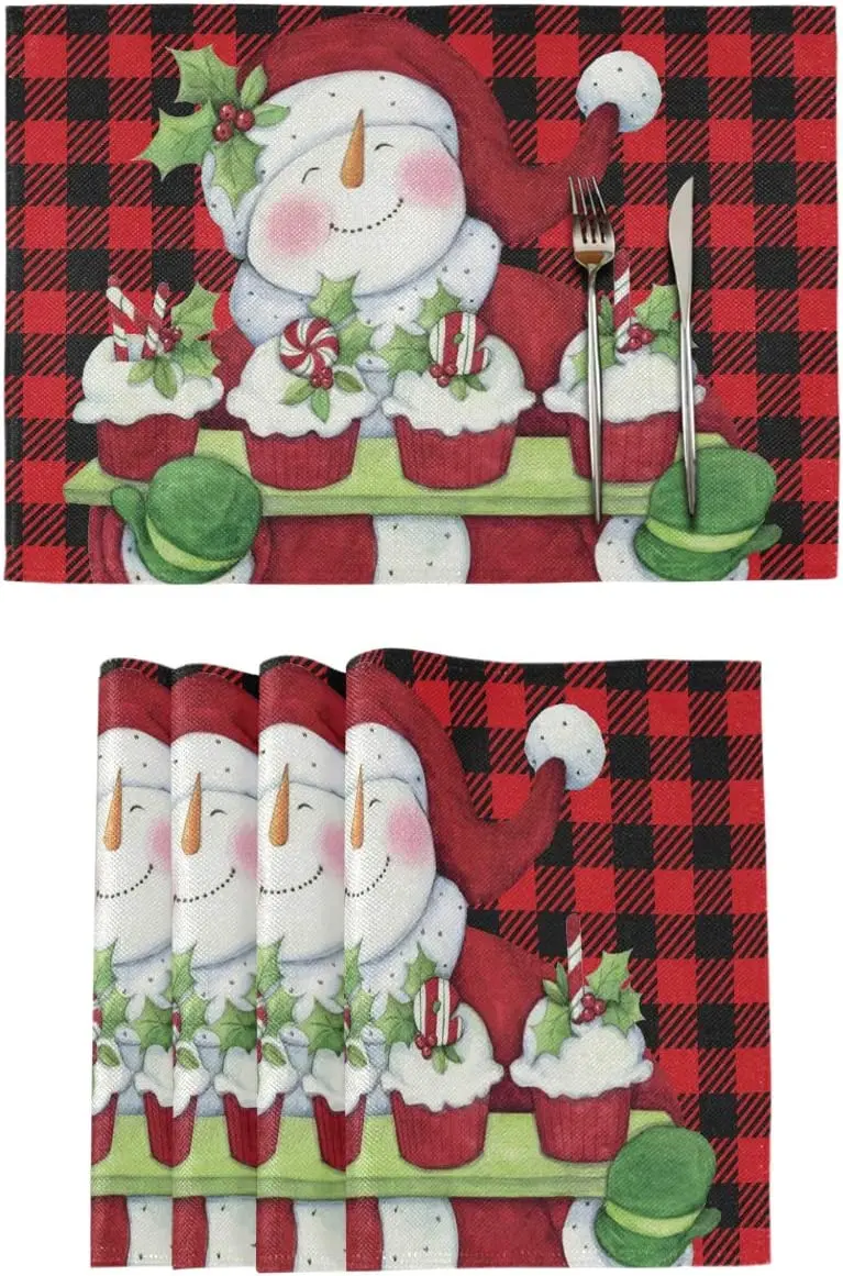 

Christmas Snowman Placemats Set of 4 Buffalo Plaid Winter Table Mats Burlap Placemat Washable Non Slip Heat Resistant Place Mats