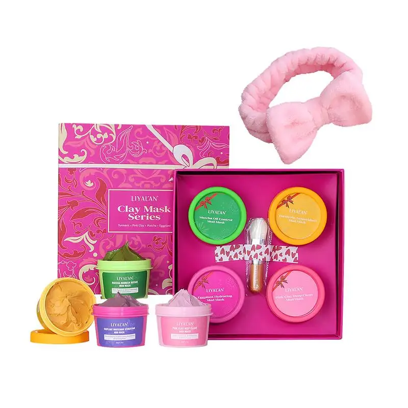 

Face Clay Set Moisturizing Facial Patches Skin Care Set 4pcs Facial Skin Care Products With Eggplant Turmeric Matcha & Pink Mud