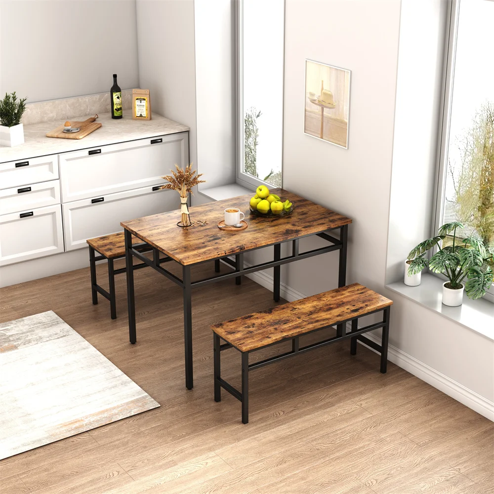 

Industrial Style 3 Pieces Dining Table Set with Bench Structural Strengthening Rustic Brown